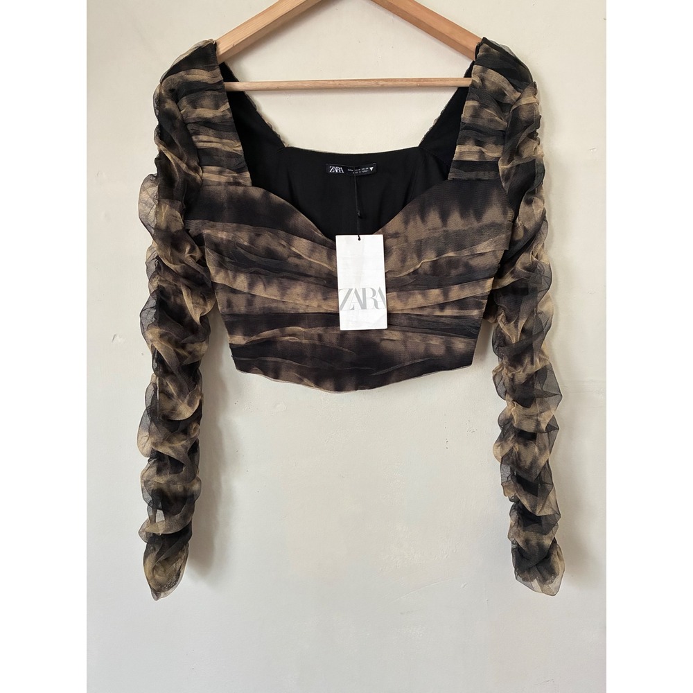 Zara Ruched Mesh Grunge Tie Dye Crop Top Brown Black Sweetheart Neck M Goth